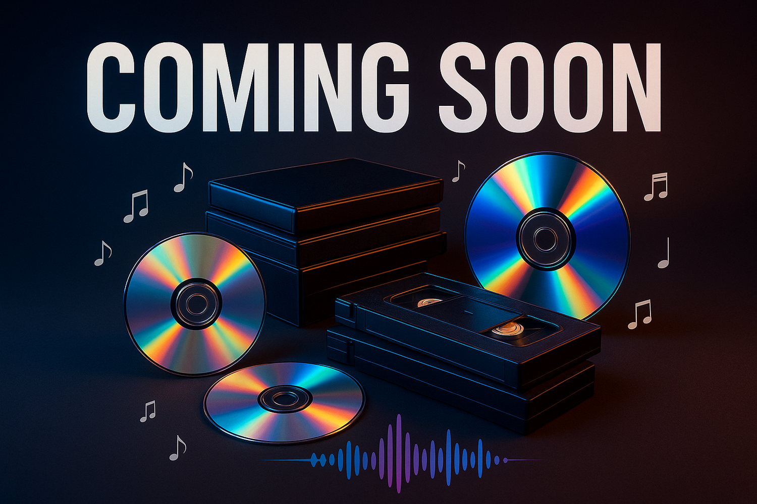 create the image with text Coming soon, images add DVDs, dcs and vhs