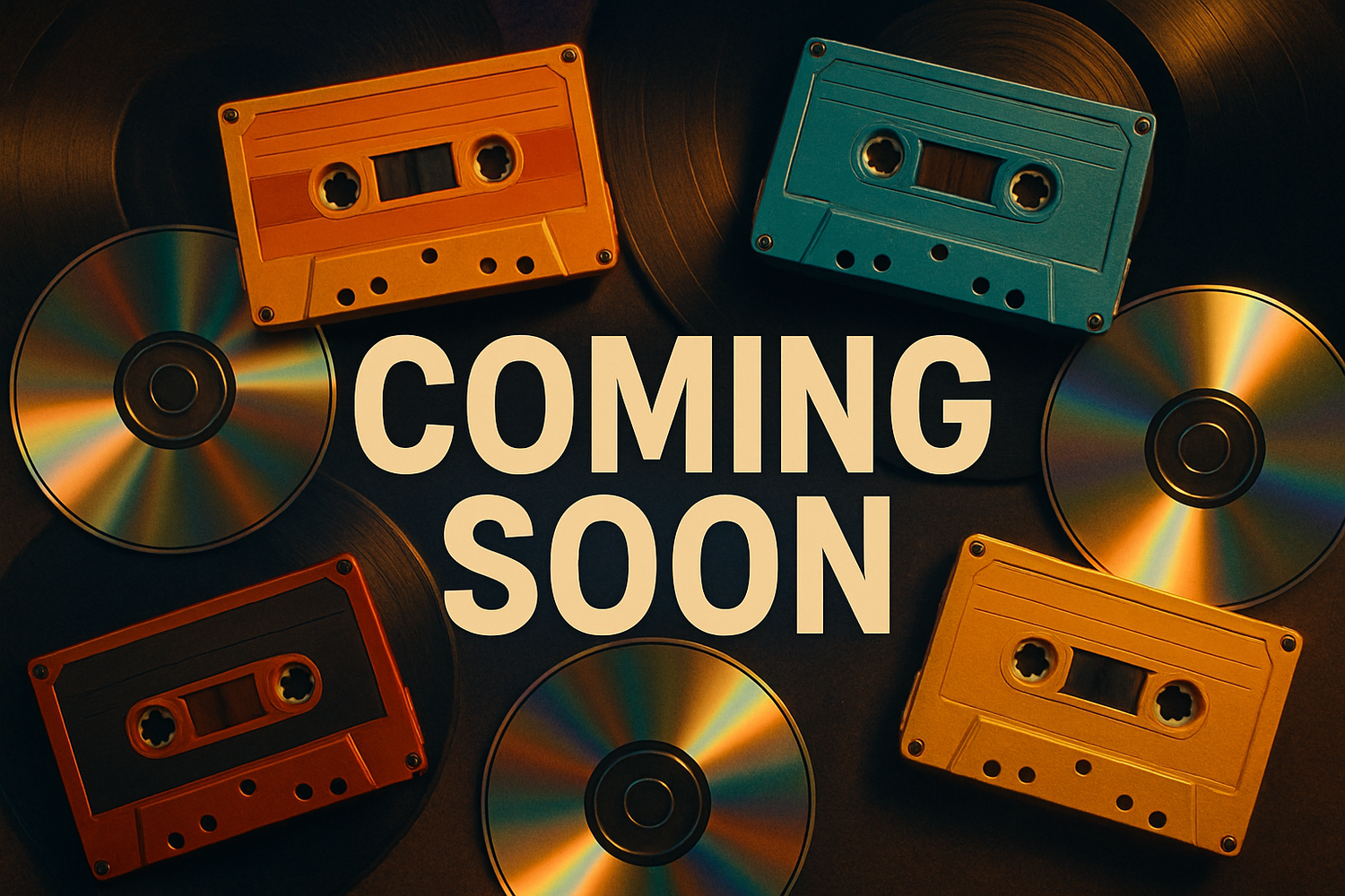 generate the image with text coming soon and have audio cassettes and cds