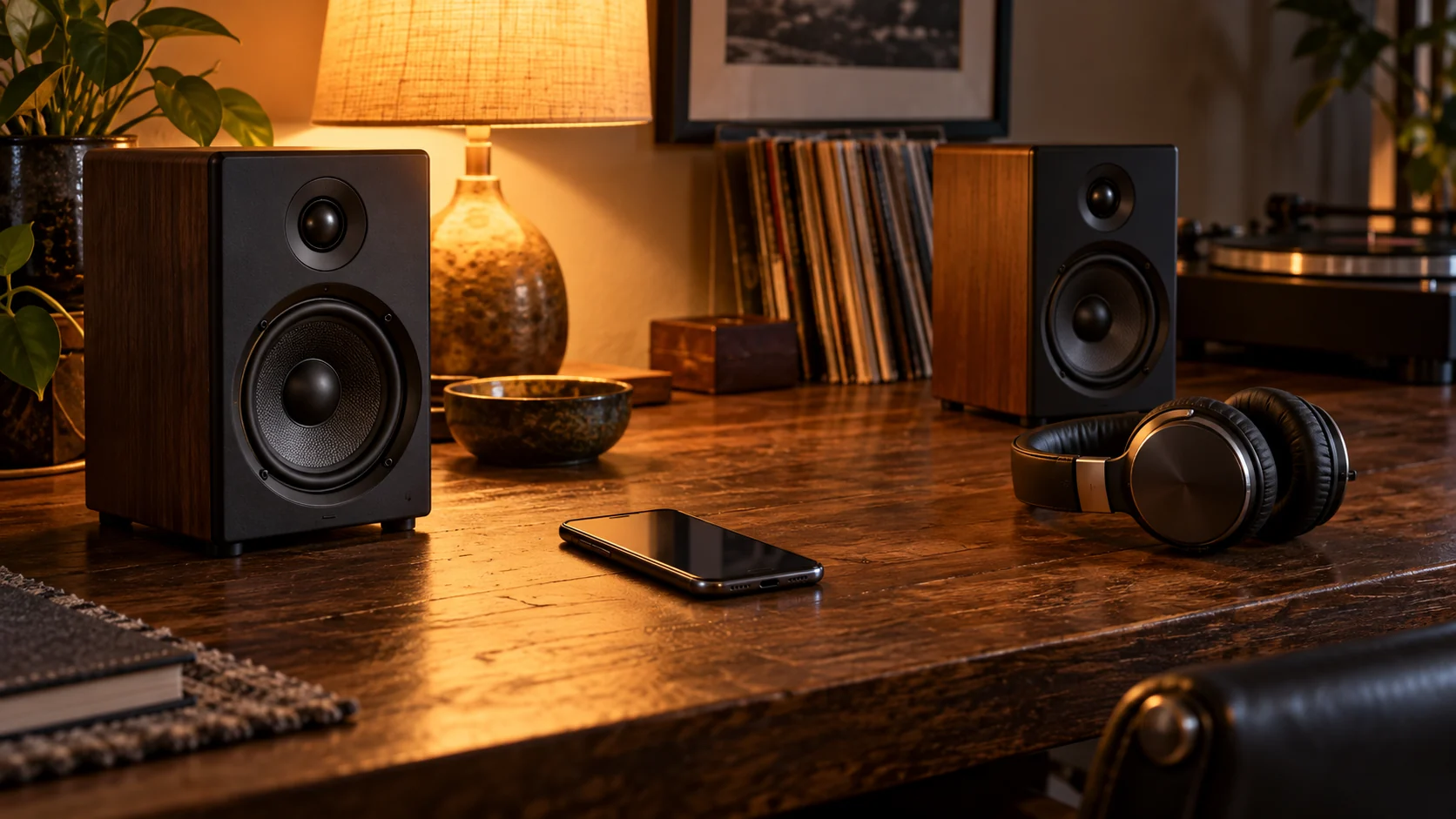 Illustrated wireless headphones, stereo speakers and smartphone on a listening desk
