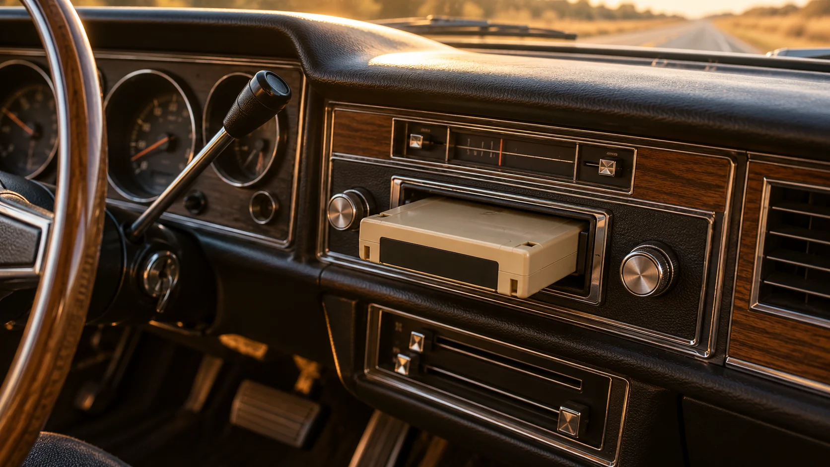 Illustrated 8-track cartridge inserted into a 1970s car dashboard player