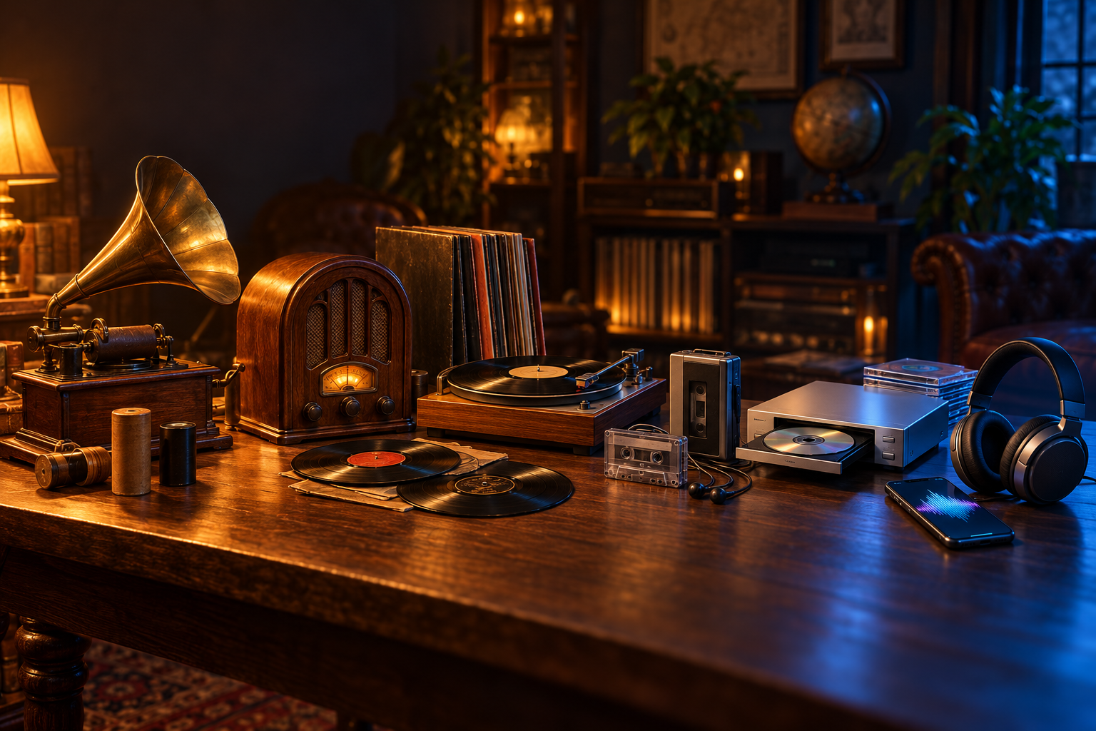 Audio technology through history, from a wax-cylinder phonograph and wooden radio to vinyl, cassette, CD and digital listening