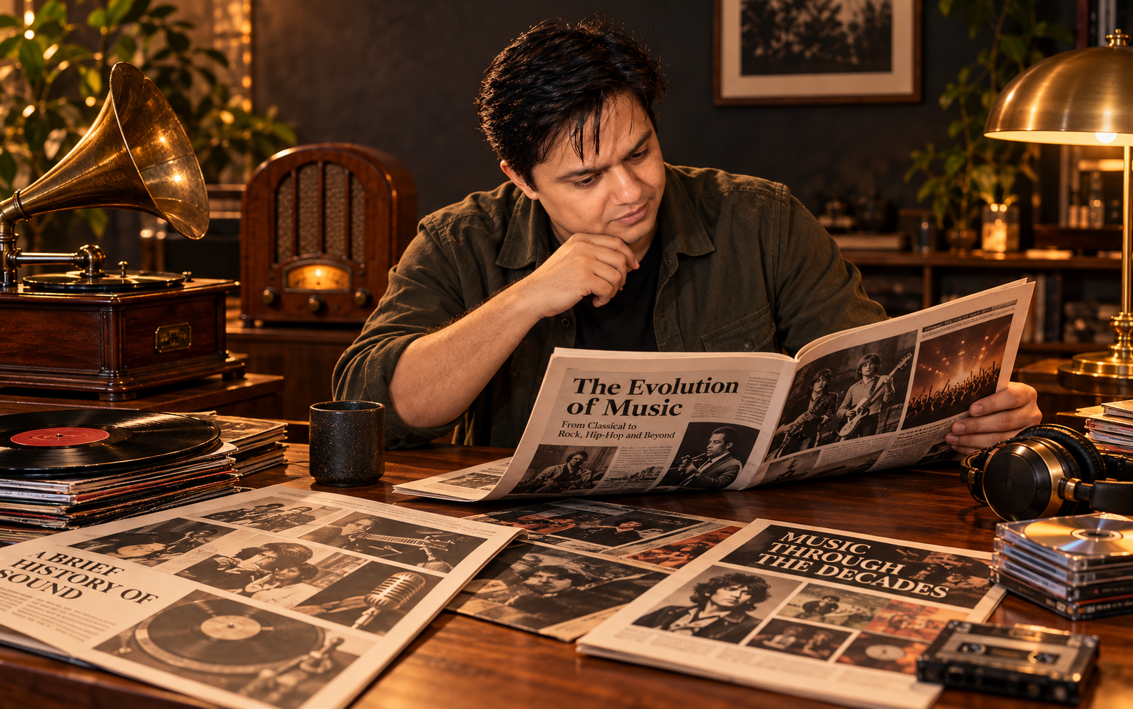 A listener exploring music history among a phonograph, radio, records, cassettes and CDs