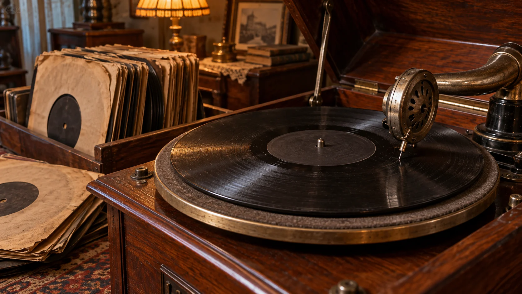 Illustrated shellac 78 rpm disc on a wooden gramophone with paper sleeves nearby